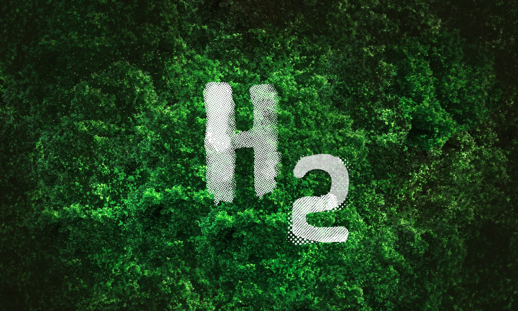 Graphic with a green background and artistic H2 symbol in white.