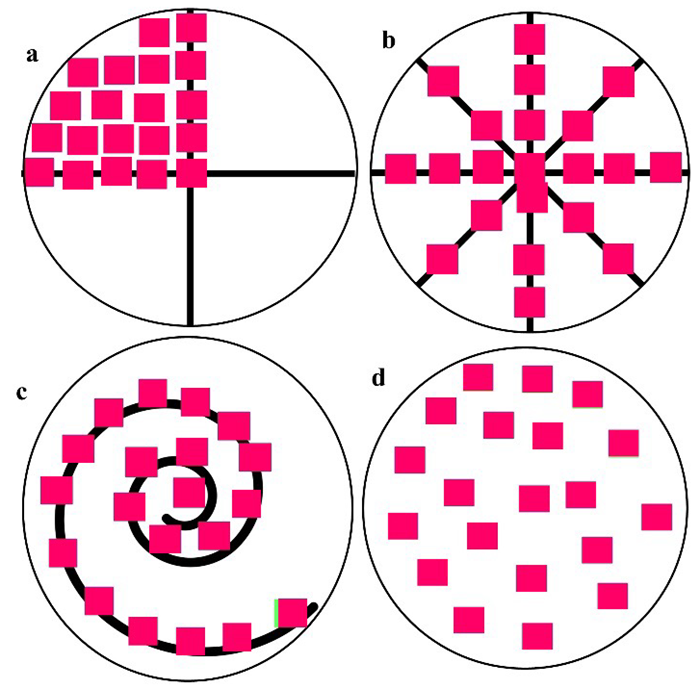 Different approaches may be used for representative measurement areas on filters; at least 20 count areas or count fields should be considered. These approaches can be employed on filters of different diameters and materials (e.g., aluminum oxide, silicon oxide, PTFE). Example a) represents a quarter of the filters; b) represents the cross-section of the four axes c) represents a helical assembly; and d) represents a randomized assembly
