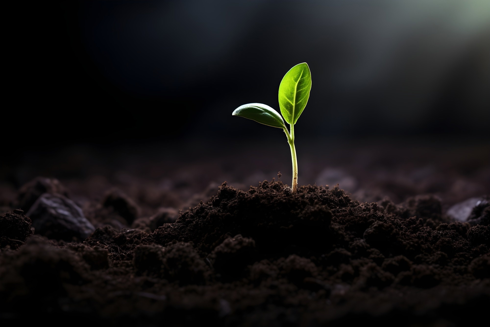 A seedling emerges from dark, rich soil.
