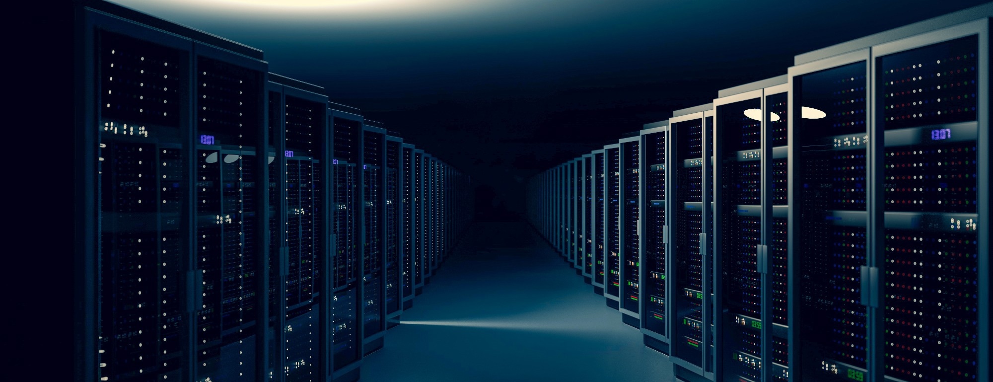 Rows of data centre computers in a dark room, 3D render.