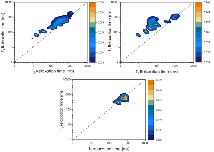 T1-T2 maps at 75 ºC for PBM A (on the top left), B (on the top right), and coconut oil (on the bottom).