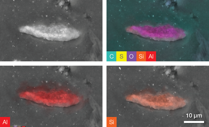 Backscattered electron image and a complete set of quantitative elemental images showing, in the upper right image, all the elements present in the ROI (including C, O and S). The last two images show Al and Si distribution on the particle. Acc voltage 20 keV, beam current 0.94 nA, acquisition time ˜ 100 s. To be noted, the elemental distribution and the related set of images have been obtained using only one image acquisition