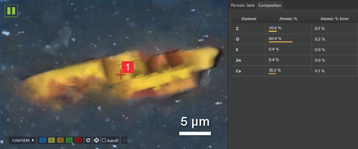 Partial view of the user interface showing the point where the point analysis has been acquired and the related quantification. Acc voltage 20 keV, beam current 0.48 nA, 5000 cps, acquisition time 30 s