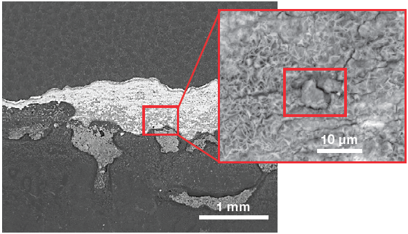 Low-magnification view (left) of the sample surface and a higher magnification of the area of interest (right). (Acc voltage 12 keV, beam current 0.85 nA)