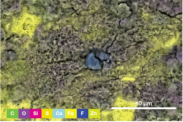 ChemiSEM image showing the involved elements (all activated and shown in this view) and their distribution. (Acc voltage 15 keV, beam current 0.85 nA, acquisition time 60 s).