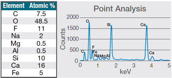 Quantification (left) and spectrum (right) of a 30-seconds area analysis acquired on the defect (Acc voltage 15 keV, beam current 0.44 nA)