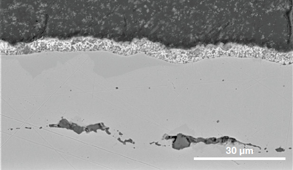 Cross section of the steel showing the coatings involved and the presence of sub-surface inclusions. (Acc voltage 15 keV, beam current 0.44 nA).