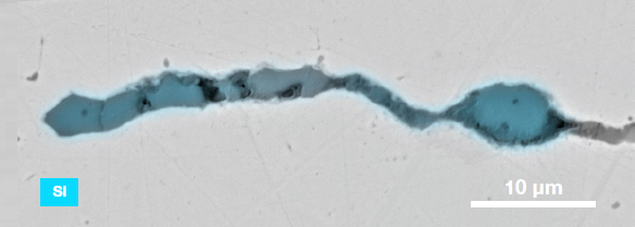 ChemiSEM images of one of the sub-surface inclusions. From top left: backscattered electron image, calcium, fluorine, and silicon maps showing their distribution within the inclusions (Acc voltage 15 keV, beam current 0.44 nA).