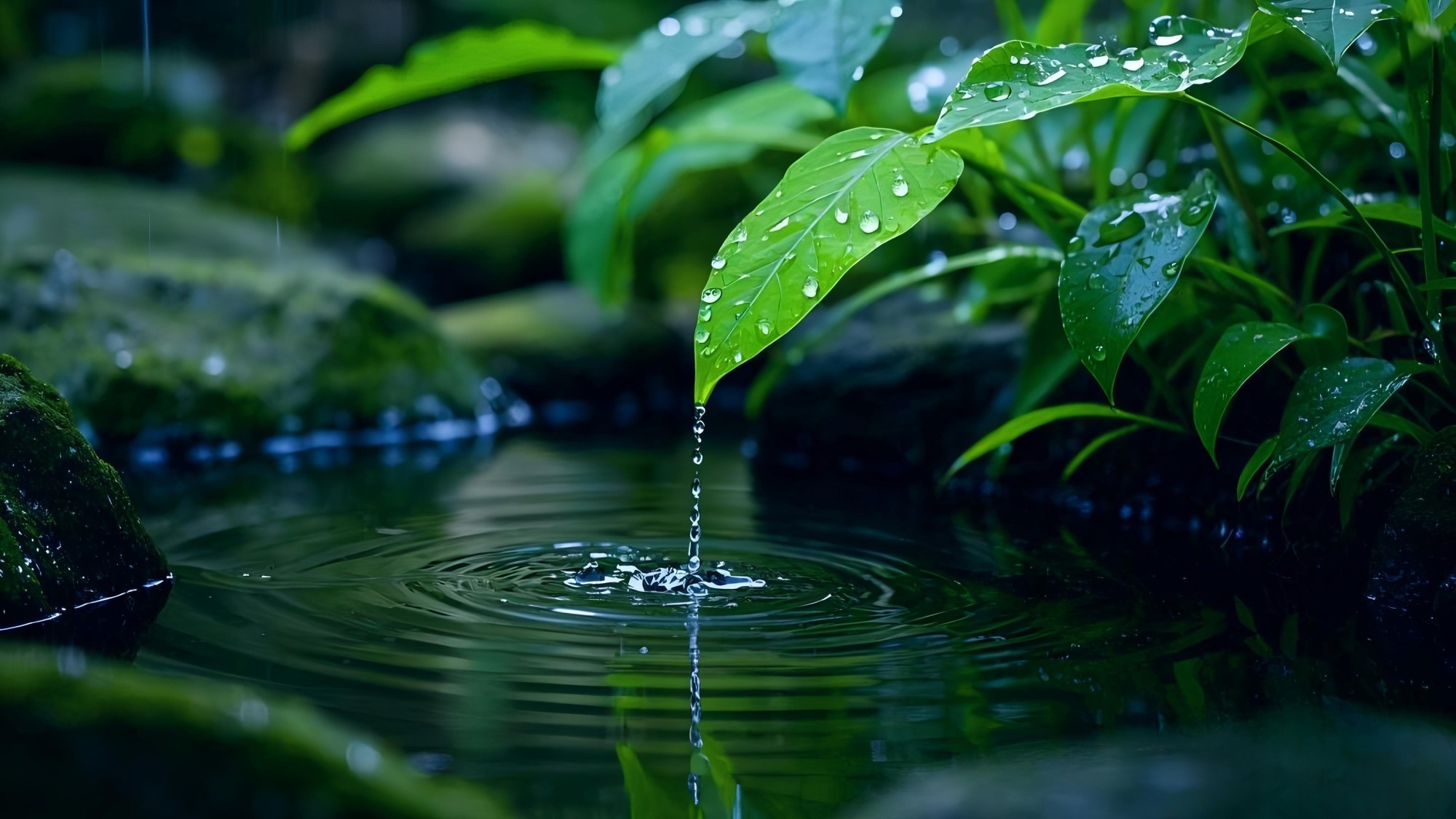 A leaf dripping water into a pool below.