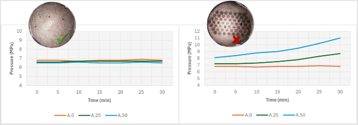 Comparison of processing behavior during pellet production. Left: Good (stable pressure, clean filter); Right: Poor (pressure rise, filter clogging)