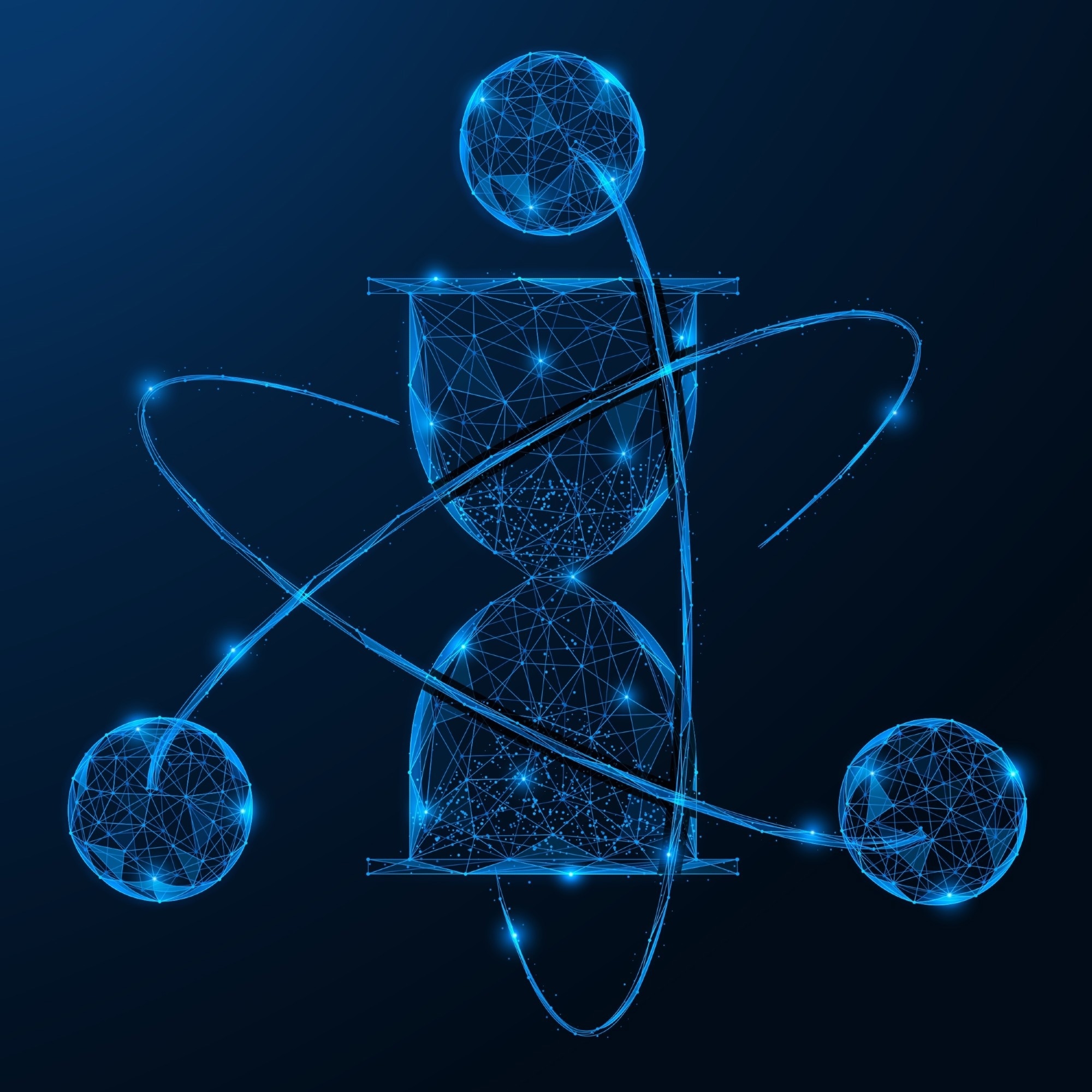 Vector illustration of a nuclear clock with an hourglass as a nucleus surrounded by orbiting electrons.