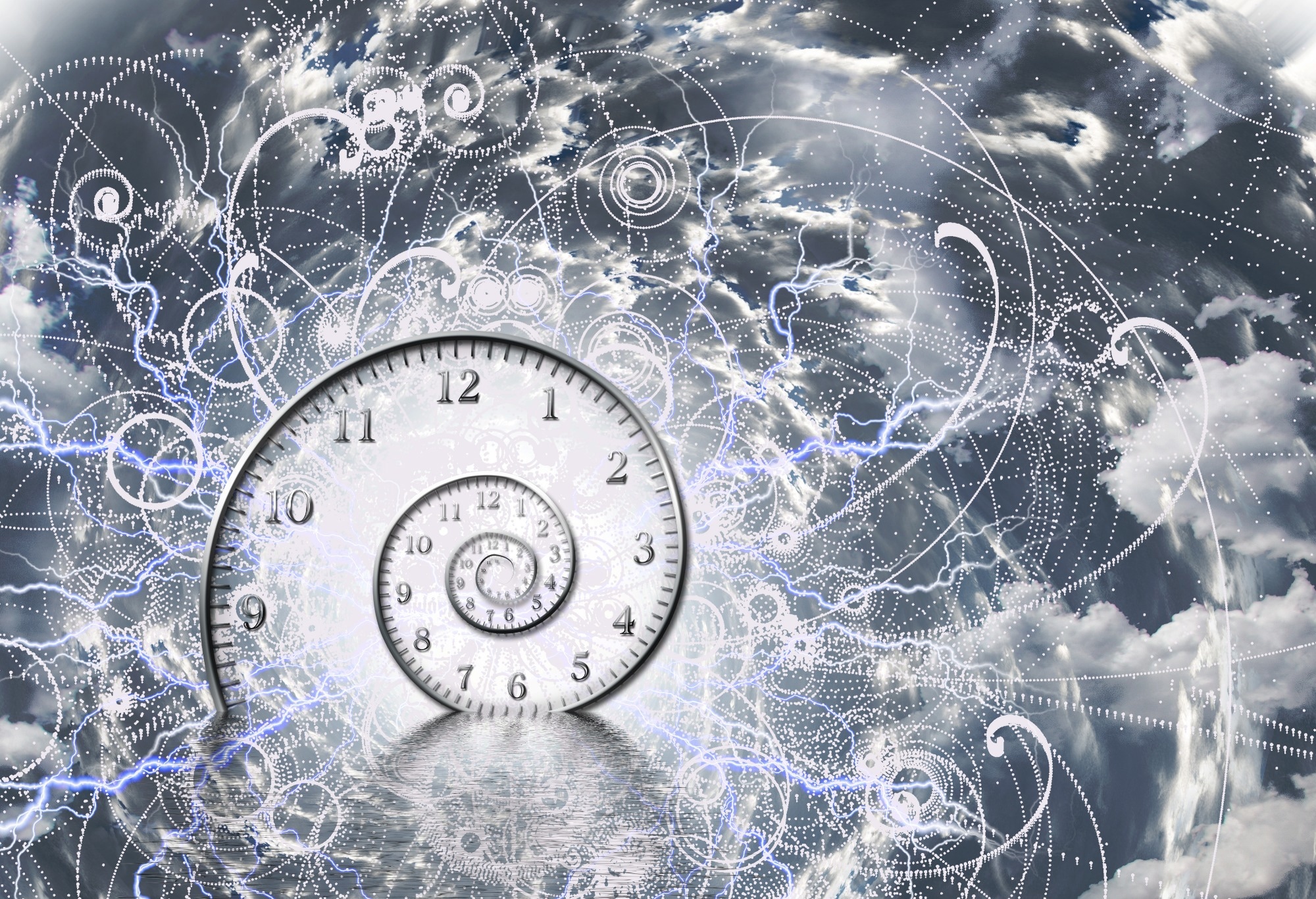 Illustration of a nuclear clock with abstract spirals and scribbles.