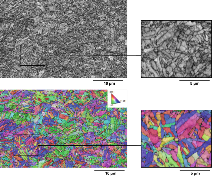 EBSD results acquired from a a martensitic steel sample measured at 10 kV and 12 nA. Such structures are notoriously difficult to accurately map at high-resolution using a conventional EBSD detector