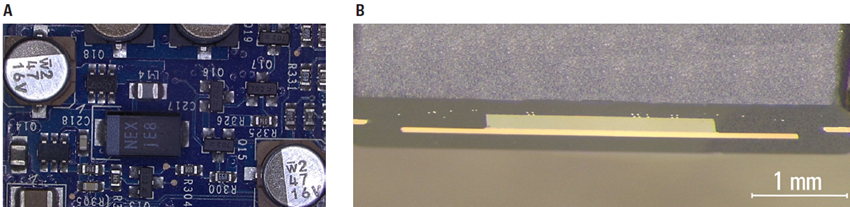 Shown here are examples where A) surface features on a PCB sample and B) internal structures in a cross-sectioned IC chip could be measured