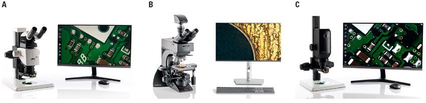 A Leica A) stereo, B) compound, and C) digital microscope are shown above