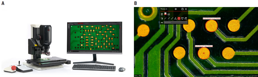 A) Leica measurement microscope with Enersight for basic 2D measurements and B) length and area measurements made on a PCB