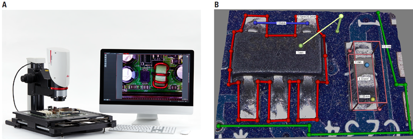 A) Leica measurement microscope with LAS X for advanced 3D measurements and B) length, area, and height measurements made on components of a PCB