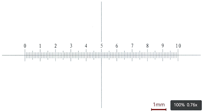 Image in sharp focus of a stage micrometer at low magnification which will be used for calibration. Each division is 0.1 mm