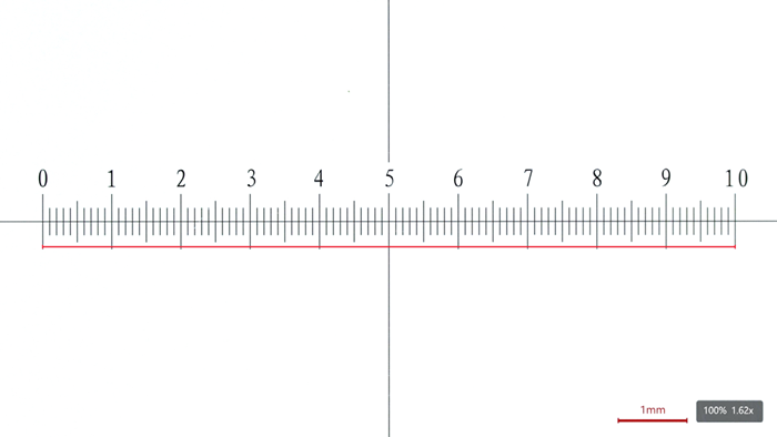 At a lower magnification value, a line in the live image is used to indicate a distance on the stage micrometer to perform calibration