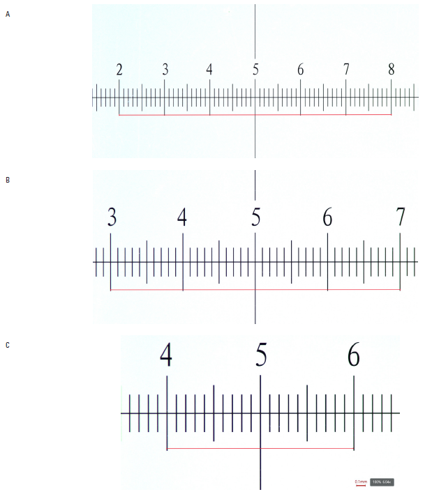 A-C: Calibration with the same stage micrometer at various magnification values