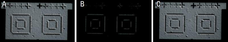 Images of a patterned wafer area taken with DIC having: A) a negative bias, B) no bias, and C) a positive bias. The plus signs and borders of the square shapes appear to rise out of the surface with negative bias and recess into the surface with positive bias