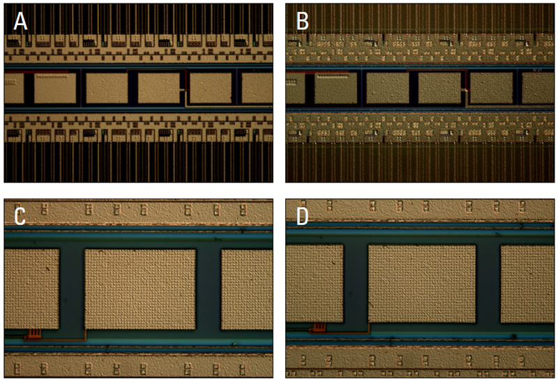 Different areas of a patterned wafer imaged with a DM6 M microscope using DIC with light wave shearing having a negative (A and C) and positive (B and D) bias
