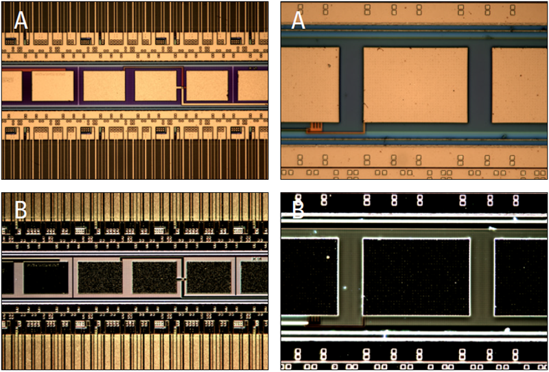 The same areas of the patterned wafer shown in figure 4, but now imaged with a DM6 M microscope using A) brightfield and B) darkfield illumination