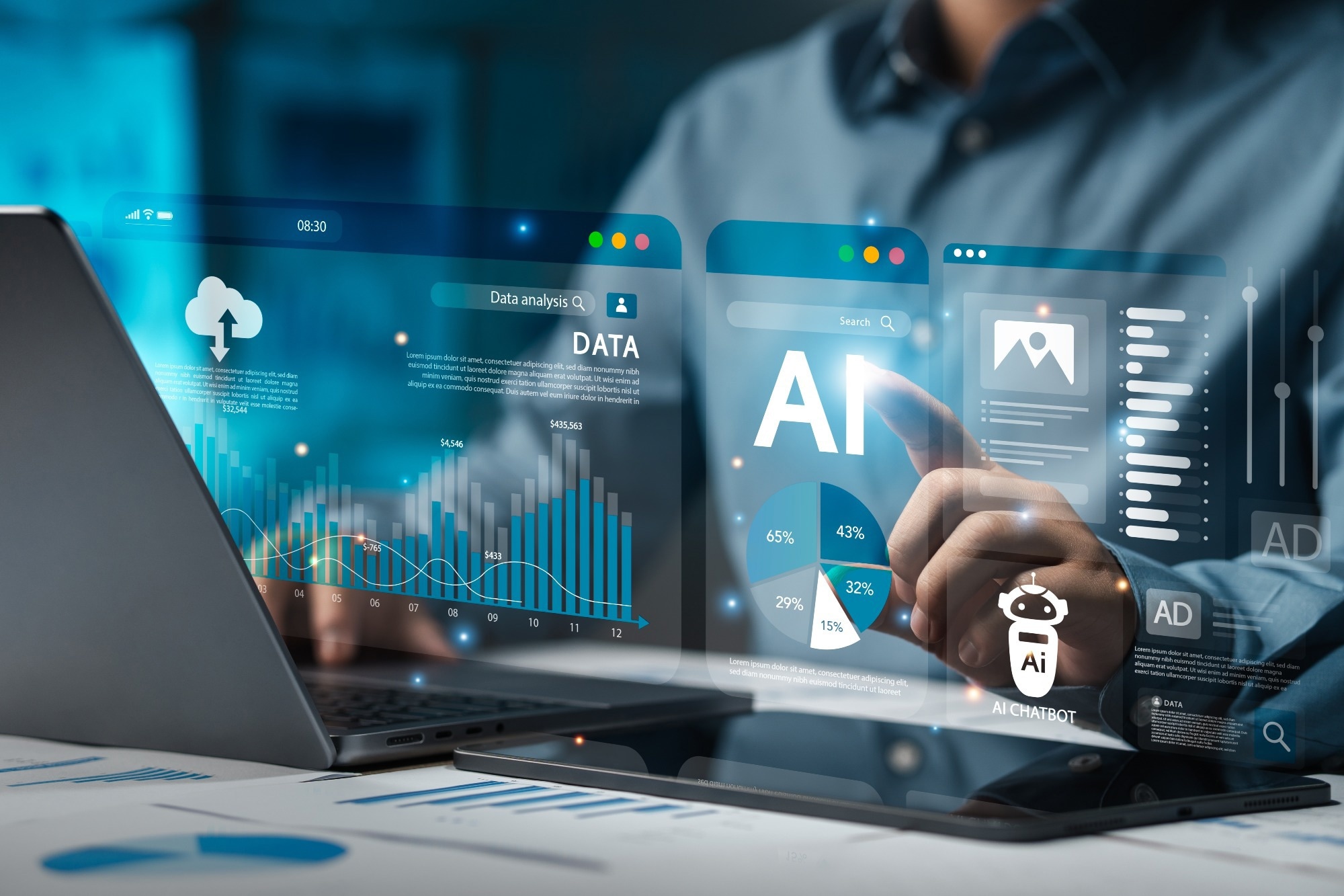 Chatbot data or chat with AI with Robot. Concept, AI smart robot technology, artificial intelligence, helping to solve work problems.