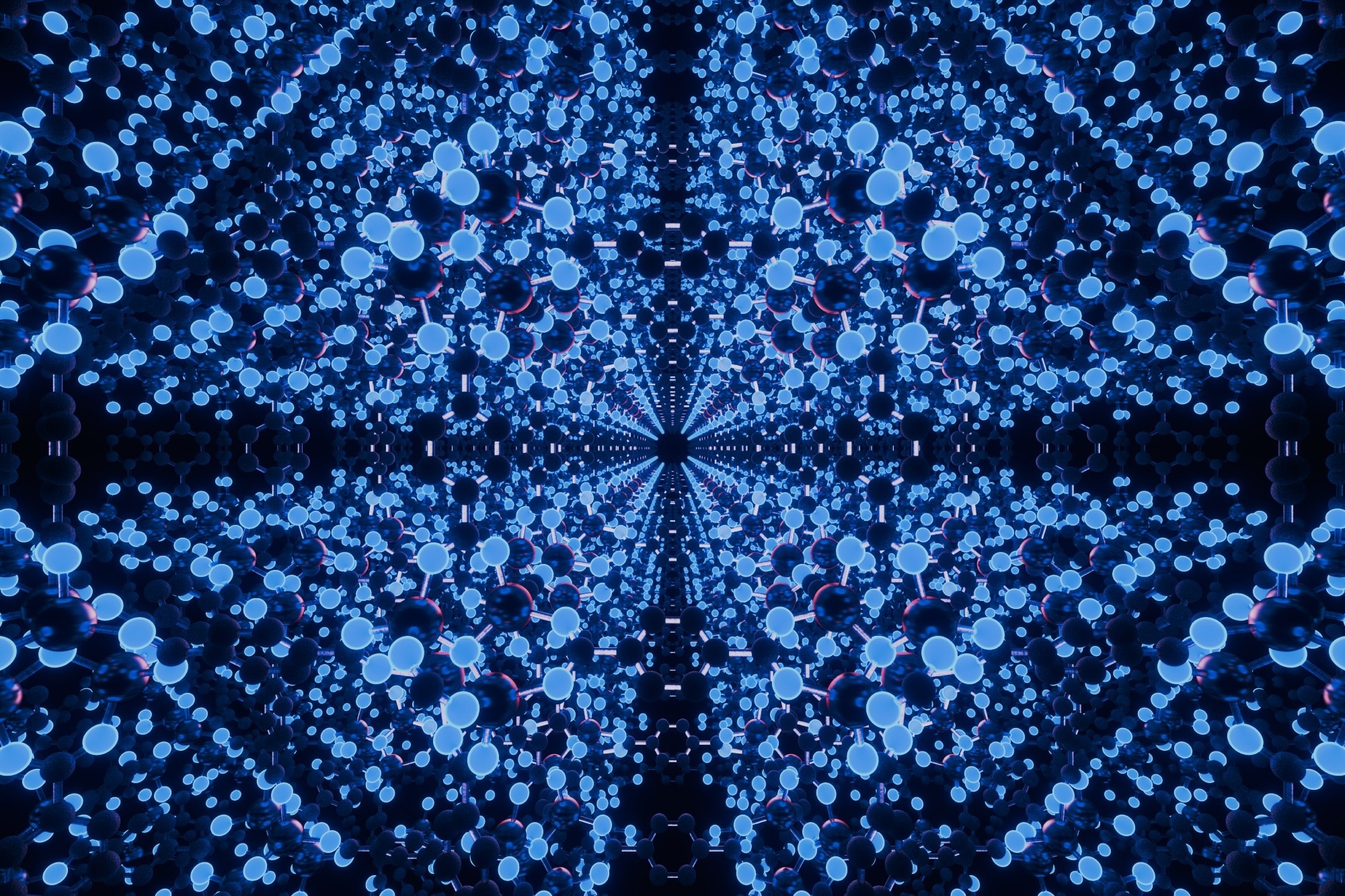 3D render of the MOF-5 metal–organic framework showing a repeating cubic lattice of zinc clusters and organic linkers, illustrating the ordered structure of a porous nanomaterial.