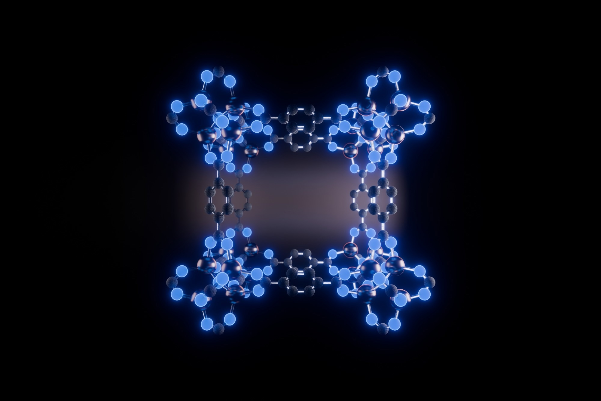 3D render of the MOF-5 metal–organic framework to show a cubic network of zinc clusters and organic linkers, illustrating the structure of a porous nanomaterial.