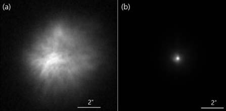 Comparison of stellar object imaging<sup>2</sup>. (a) Without AO correction. (b) With AO correction enabled. The stellar object appears to be better resolved on the image thanks to the AO system