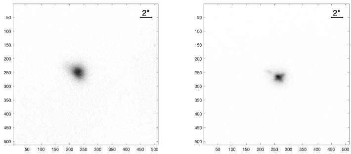 Adaptive Optics Correction of the Cosmos 1656 satellite<sup>1</sup>. Left: Uncorrected open-loop image. Right: Closed-loop image using the OCAM<sup>2</sup>K-driven WFS, resolving the solar panel array and body structure