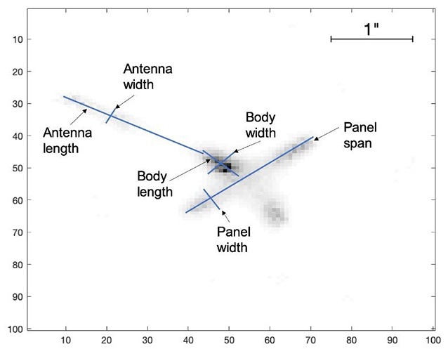 Cosmos 1656 image: shape and angular/physical size analysis