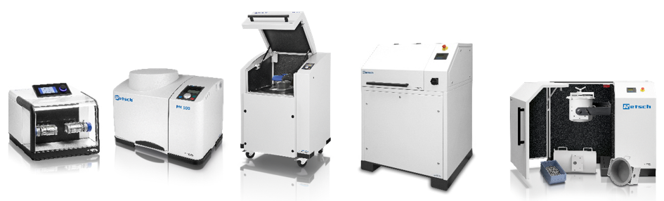 RETSCH Mixer Mill MM 400, Planetary Ball Mill PM 100, Vibratory Disc Mills RS 200 and RS 300 and Drum Mill TM 300