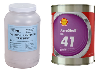 Image of ISO in a clear chemical bottle, next to a AeroShell fluid tin.