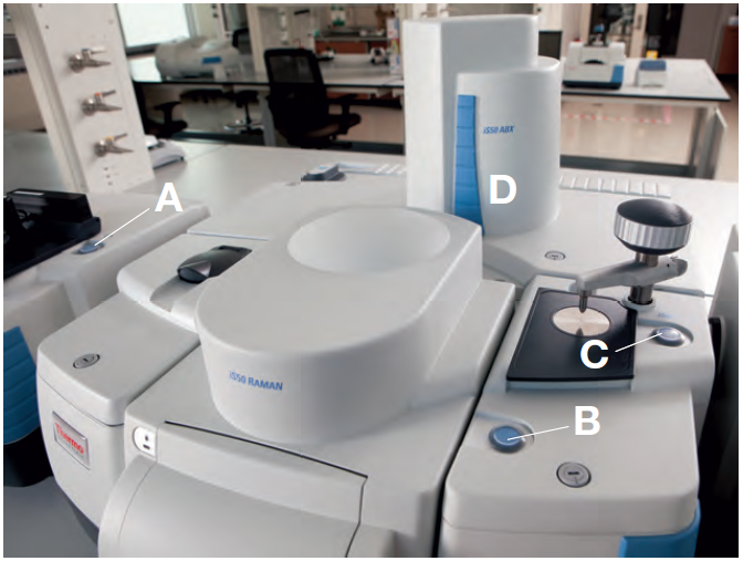 Touch Points on the Nicolet iS50 spectrometer employ one-button switching between modules and the iS50 ABX automates optics set-up. Touch Point A – NIR module, Touch Point B – Raman module, Touch Point C – Built-in diamond ATR, Component D – ABX Automated Beamsplitter Exchanger