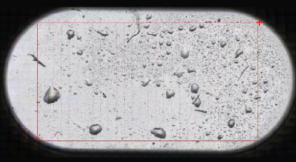 Visual mosaic image of the first contaminated SDD collected with the iN10 MX. The red rectangle indicates the area (10,500 µm x 5,625 µm) designated for FTIR imaging (see Figure 2)