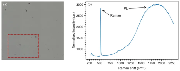 Initial microscopic and spectroscopic interrogation of the silicon wafer. <strong>(a)</strong> White light image of the area analyzed on the wafer. <strong>(b)</strong> A spectrum recorded at 830 nm showing Raman and PL bands from the silicon