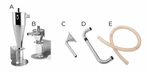 Retsch cyclone variants: high-efficiency version (A) and the standard version (B), as well as options for mounting such as rigid piping (C), flexibly adjustable  connections (D), and FDA-compliant hoses (E) for installation on the sample outlet of the mill