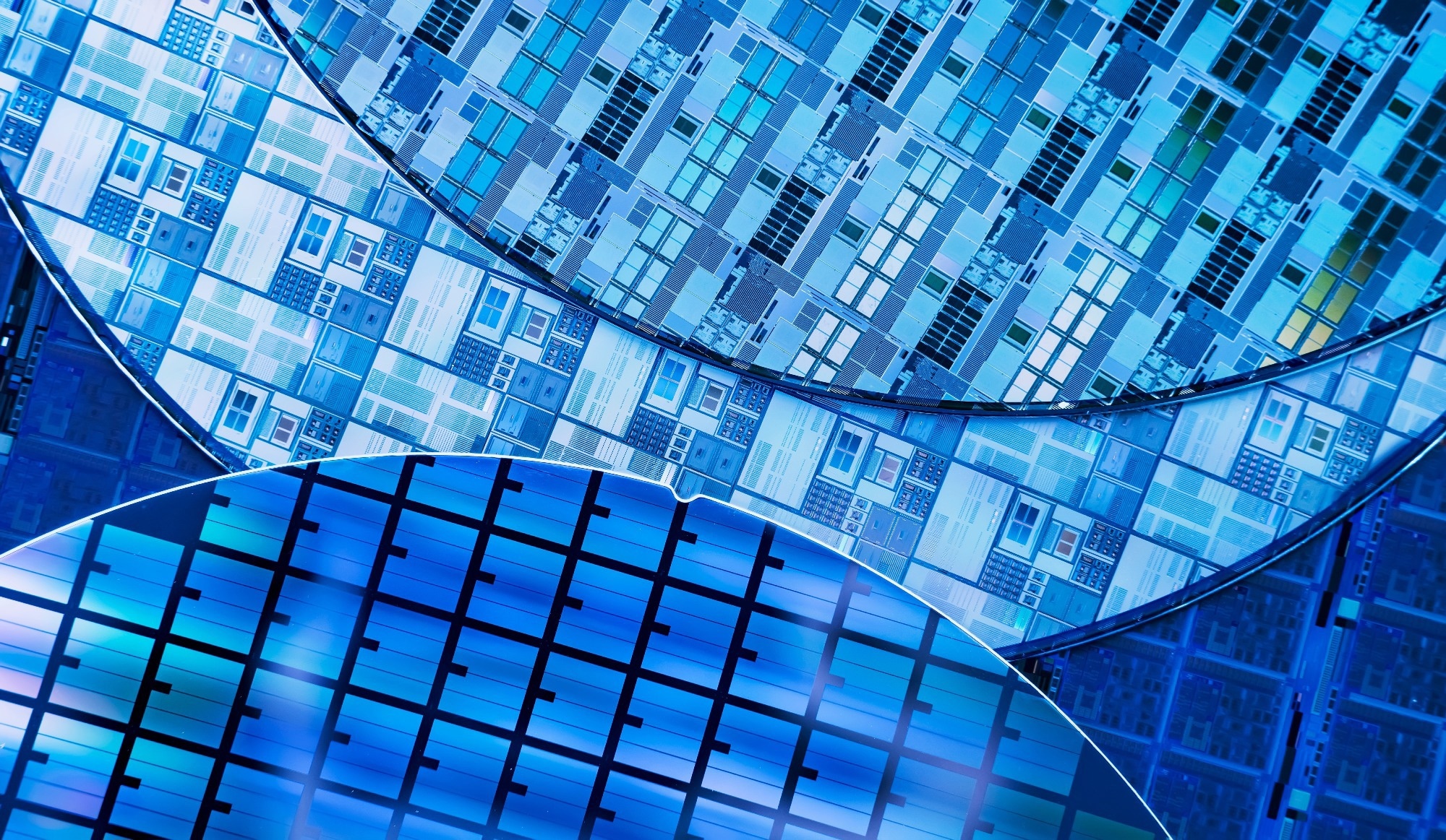 silicon wafer semiconductor with neon color, integrated circuits to manufacture CPU and GPU.