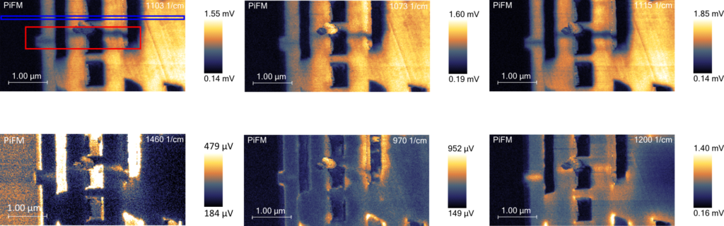 PiFM images at six different wavenumbers from the same location