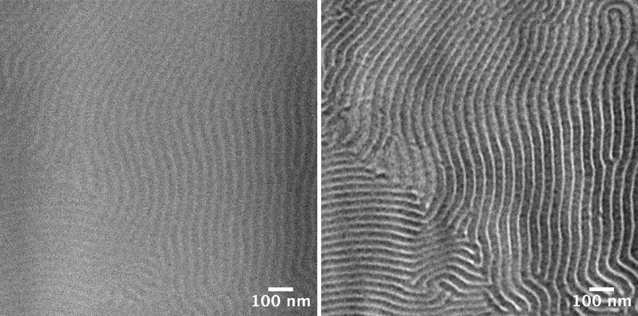 TEM micrographs of poly(styrene)-b-poly(methyl methacrylate). Left: Standard TEM micrograph without phase contrast. Right: Same image position with phase contrast.
