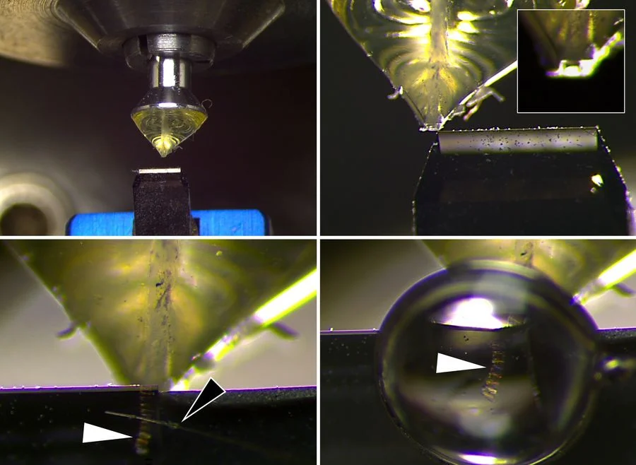 Trimming and sectioning of poly(styrene)-b-poly(isoprene) under cryo conditions. Upper left: Overview of sample mounted onto a pin and trimming knife. Upper right: Trimming of the sample towards a block face (insert). Lower left: Ribbon of sections (white arrow) guided by a micrometer mounted eyelash (black arrow). Lower right: Ribbon (white arrow) collected by a loop with sucrose.