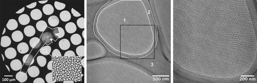 TEM overview images of poly(styrene)-b-poly(isoprene). Left: overview of EM grid with sections marked with a white outline. A magnified image of the microgrid within the holes is visible in the lower right corner. Mesh size of the microgrid is in the range of about 500 nm up to several micrometer. Center: Magnified image of an exemplary location with all relevant zones in the sample: 1- Sample without carbon support; 2 – Thin carbon layer; 3 – thick carbon layer. Right: Magnified image of the insert in the center image. The polymer structure becomes visible (see also Fig. 3).