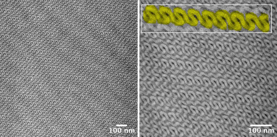 Magnified TEM images of 30-40 nm sections of poly(styrene)-b-poly(isoprene). Left: 40.000x magnification. Right: 80.000x magnification. The coiled structure of the polymer becomes visible.