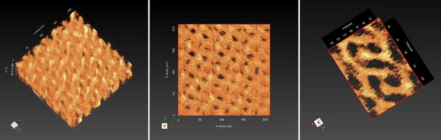 3D Reconstruction of poly(styrene)-b-poly(isoprene). Left: Oblique view. Center: Top view. Right: Top view rotated. The curled, regular structure is visible.