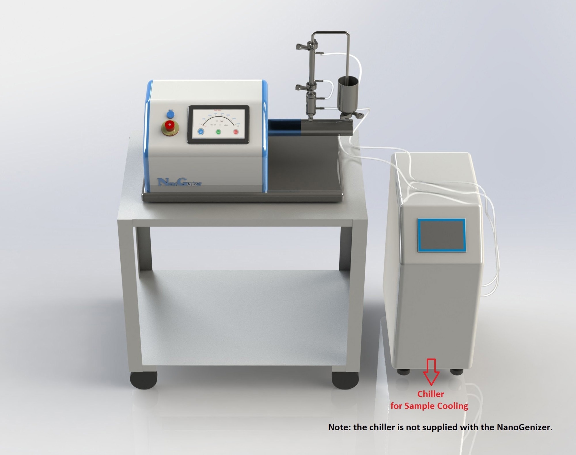 The NanoGenizer high-pressure homogenizer is equipped with a thermal jacket connected to a chiller for temperature control