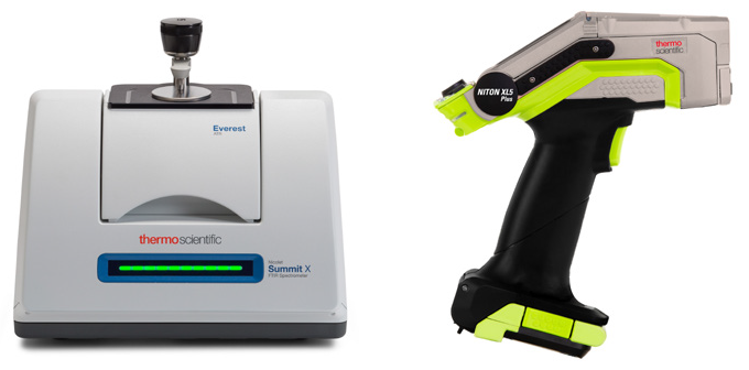 (left) Nicolet Summit X FTIR Spectrometer with a Thermo Scientific™ Everest™ diamond attenuated total reflectance (ATR) accessory; and (right) Niton XL5 Plus Handheld XRF Analyzer.