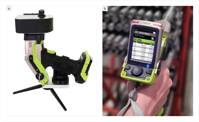 (a) The Niton XL5 Plus Handheld XRF Analyzer with a sample loaded in test stand; (b) Live readout of stainless steel 316 and its elemental composition on the Niton XL5 Plus Analyzer