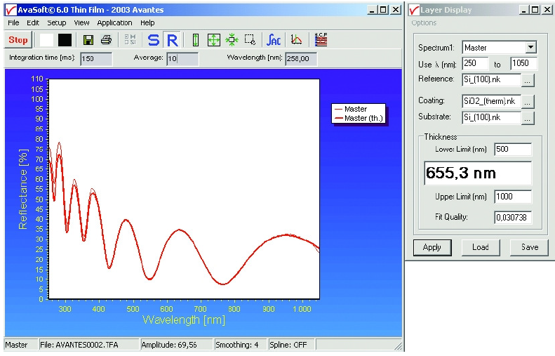 Screenshot of the spectral reflectance spectrum for a SiO2 coated Si substrate, showing a calculated film thickness of 655.3 nm.